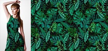 12012v Materiał ze wzorem malowanie zielone tropikalne liście (monstera, palmy, chlebowiec)
